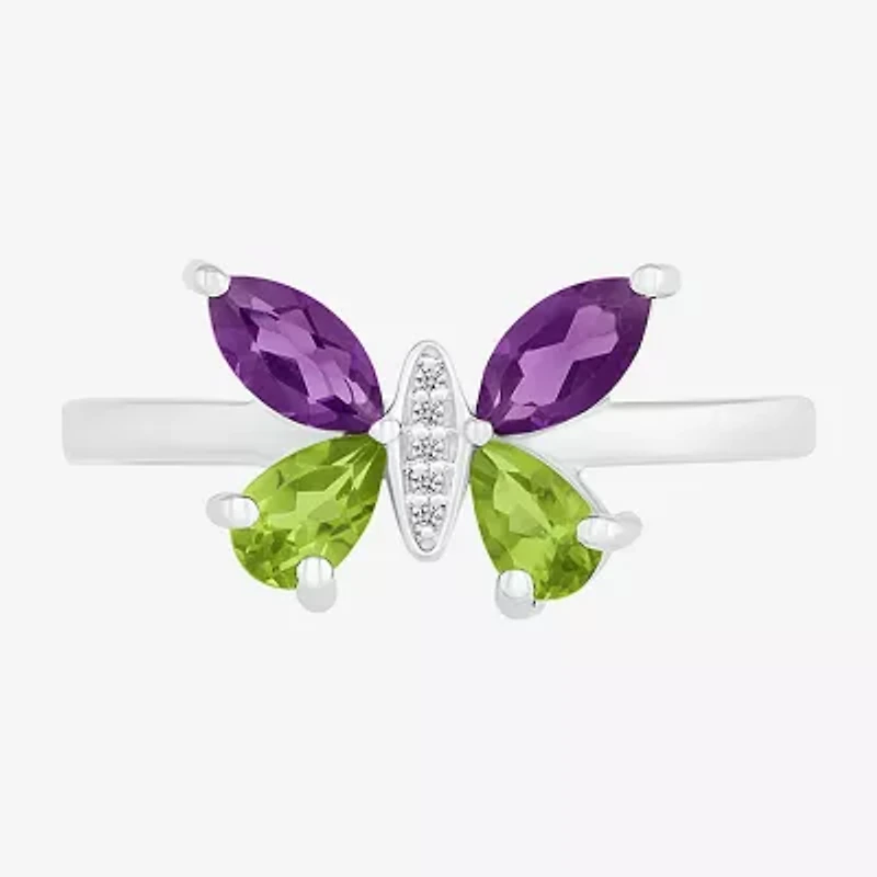 Womens Diamond Accent Genuine Purple Amethyst Sterling Silver Butterfly Cocktail Ring