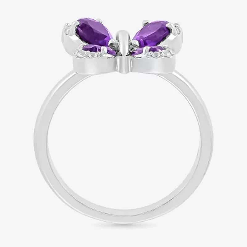 Womens Genuine Purple Amethyst Sterling Silver Butterfly Cocktail Ring