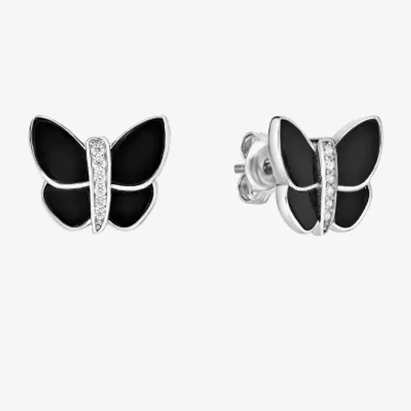 Genuine Black Onyx Sterling Silver 12mm Butterfly Stud Earrings