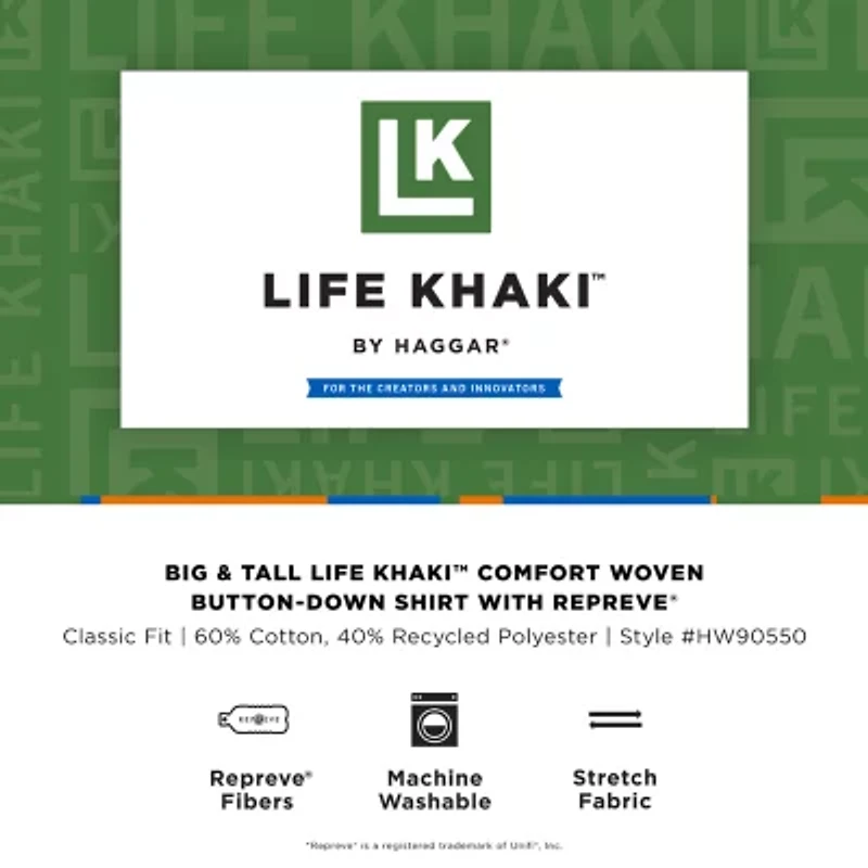Haggar Life Khaki With Repreve Comfort Woven Mens Short Sleeve Regular Fit Stretch Fabric Big and Tall Button-Down Shirt