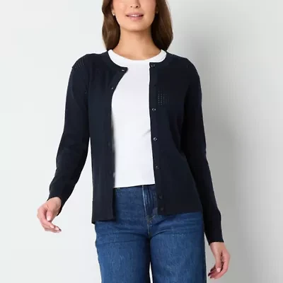 IZOD Womens Round Neck Long Sleeve Button Juniors Cardigan
