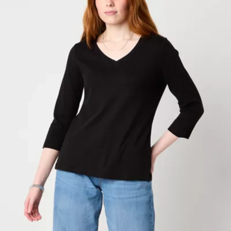 St. John's Bay Womens V Neck 3/4 Sleeve T-Shirt