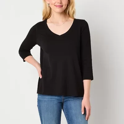 St. John's Bay Womens Easy-on + Easy-off V Neck 3/4 Sleeve Adaptive T-Shirt