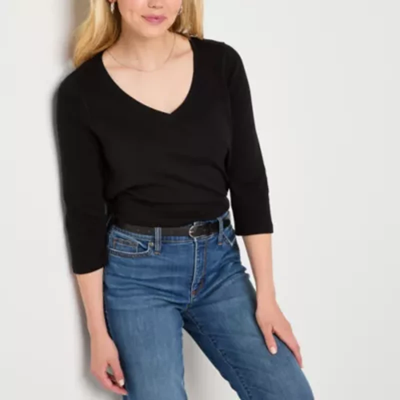 St. John's Bay Womens Easy-on + Easy-off V Neck 3/4 Sleeve Adaptive T-Shirt