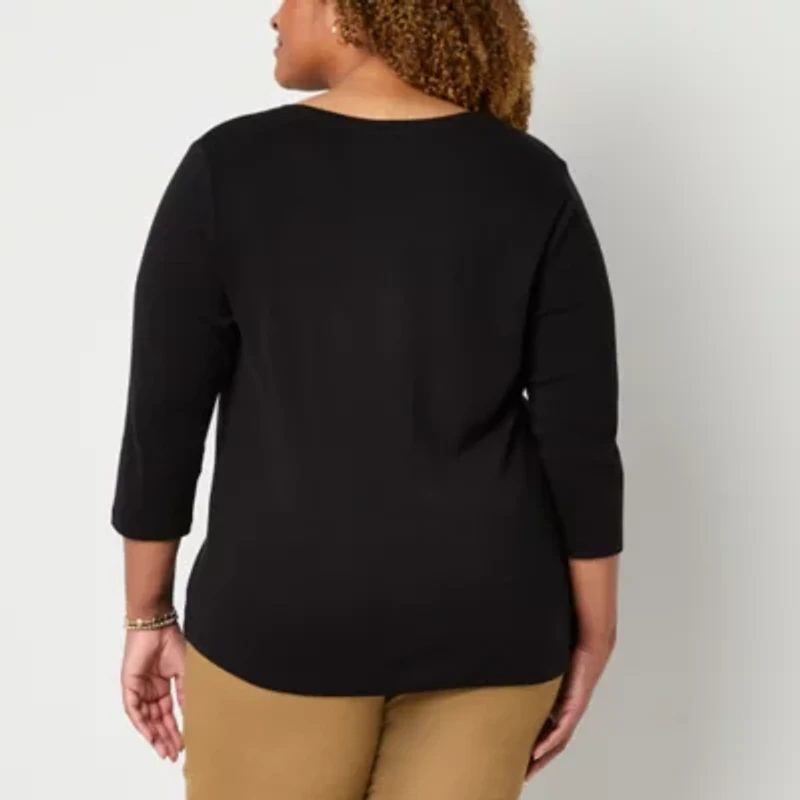 St. John's Bay Womens V Neck 3/4 Sleeve Plus T-Shirt