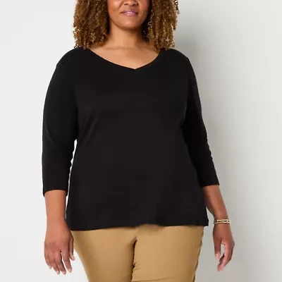 St. John's Bay Womens V Neck 3/4 Sleeve Plus T-Shirt