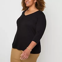 St. John's Bay Womens V Neck 3/4 Sleeve Plus T-Shirt