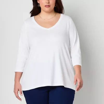 St. John's Bay Womens Plus Easy-on + Easy-off V Neck 3/4 Sleeve Adaptive T-Shirt