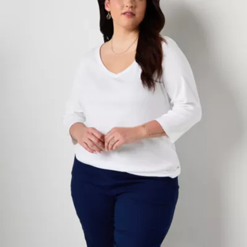 St. John's Bay Womens Plus Easy-on + Easy-off V Neck 3/4 Sleeve Adaptive T-Shirt