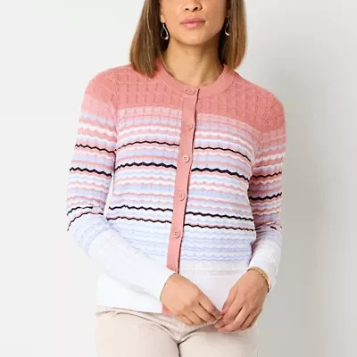 Liz Claiborne Womens Crew Neck Long Sleeve Button Striped Cardigan