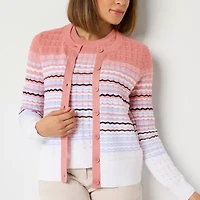 Liz Claiborne Womens Crew Neck Long Sleeve Button Striped Cardigan