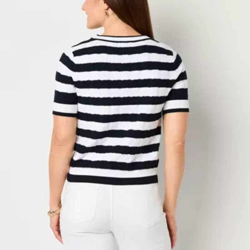 Liz Claiborne Womens Crew Neck Elbow Sleeve Blouse