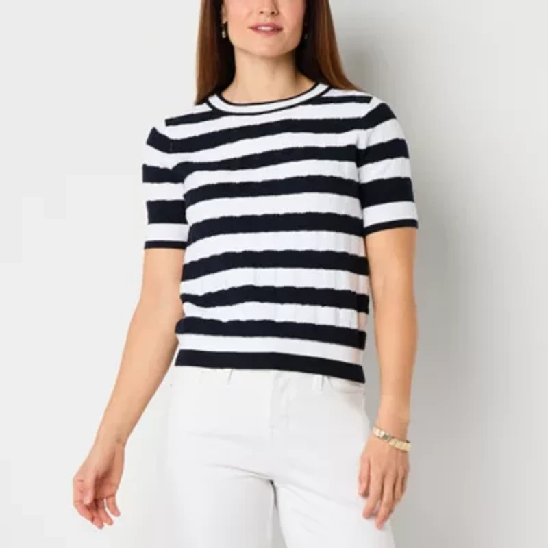 Liz Claiborne Womens Crew Neck Elbow Sleeve Blouse