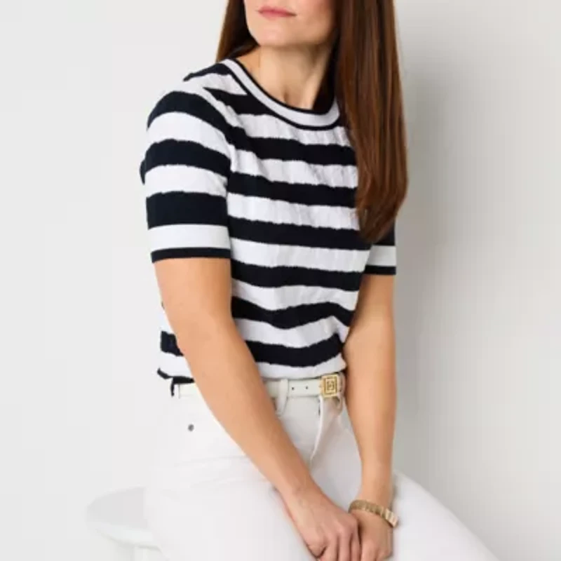 Liz Claiborne Womens Crew Neck Elbow Sleeve Blouse