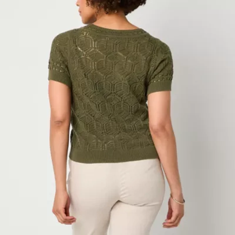 Liz Claiborne Womens Crew Neck Short Sleeve Pullover Sweater