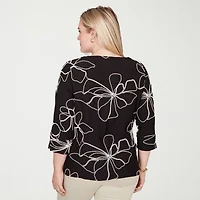 Alfred Dunner Detail Driven Womens Crew Neck 3/4 Sleeve Blouse