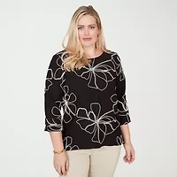 Alfred Dunner Detail Driven Womens Crew Neck 3/4 Sleeve Blouse