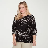 Alfred Dunner Detail Driven Womens Crew Neck 3/4 Sleeve Blouse