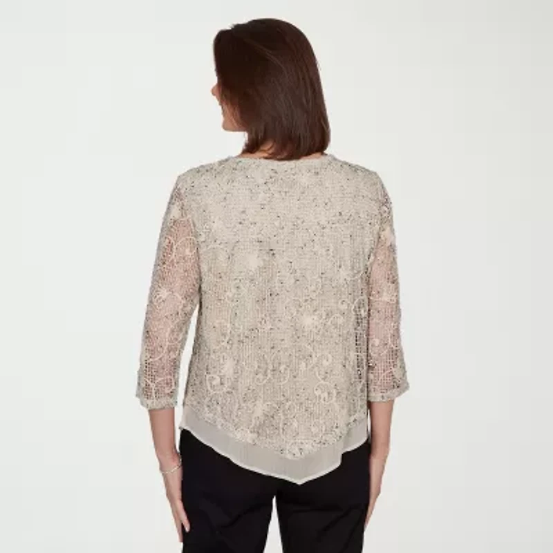 Alfred Dunner Detail Driven Womens Crew Neck 3/4 Sleeve T-Shirt