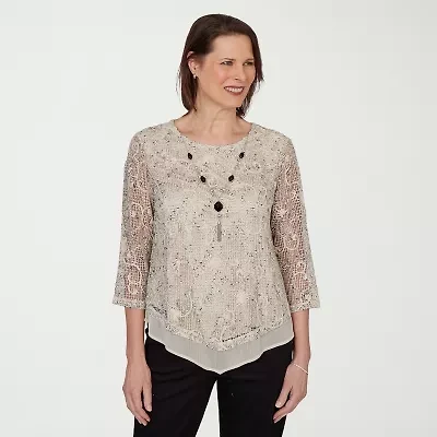 Alfred Dunner Detail Driven Womens Crew Neck 3/4 Sleeve T-Shirt