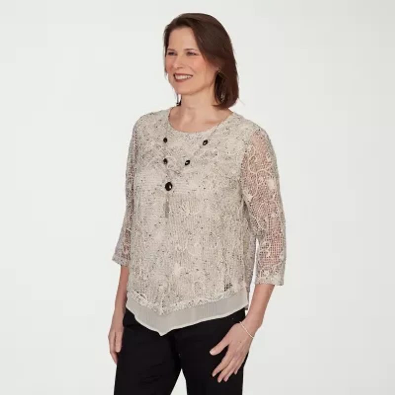 Alfred Dunner Detail Driven Womens Crew Neck 3/4 Sleeve T-Shirt