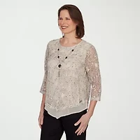 Alfred Dunner Detail Driven Womens Crew Neck 3/4 Sleeve T-Shirt