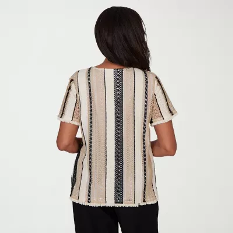 Alfred Dunner Detail Driven Womens Crew Neck 3/4 Sleeve T-Shirt