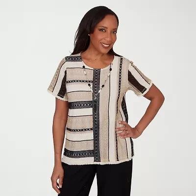 Alfred Dunner Detail Driven Womens Crew Neck 3/4 Sleeve T-Shirt