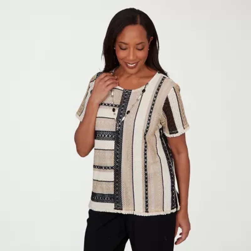 Alfred Dunner Detail Driven Womens Crew Neck 3/4 Sleeve T-Shirt