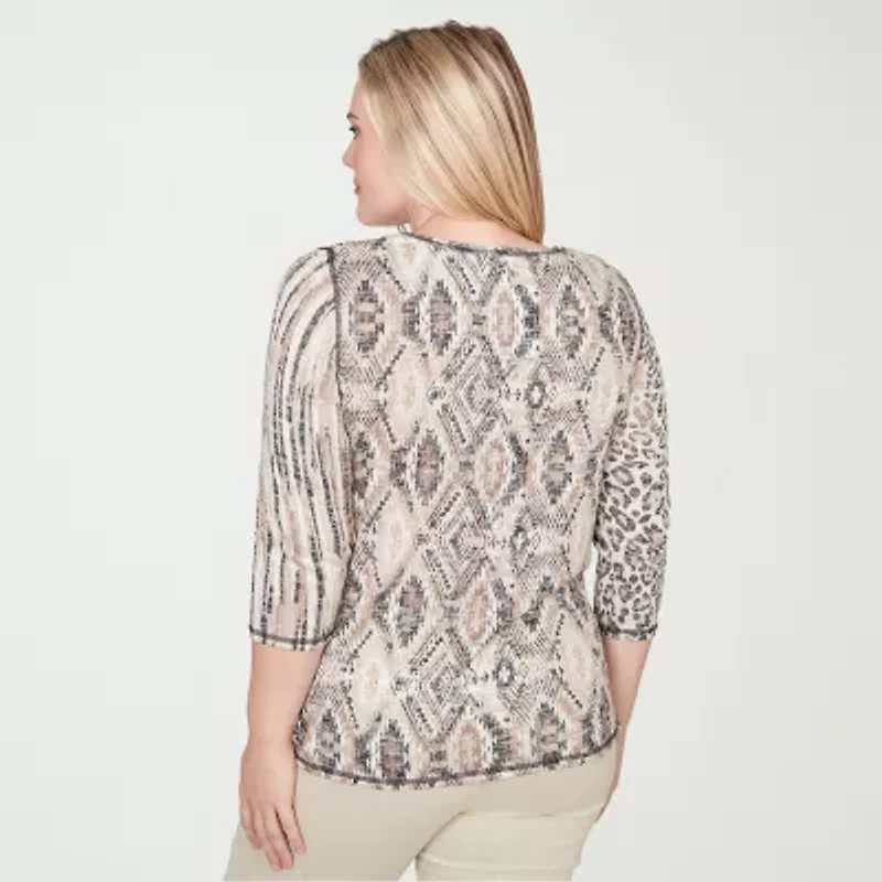Alfred Dunner Detail Driven Womens Crew Neck 3/4 Sleeve T-Shirt