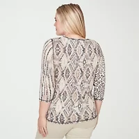 Alfred Dunner Detail Driven Womens Crew Neck 3/4 Sleeve T-Shirt