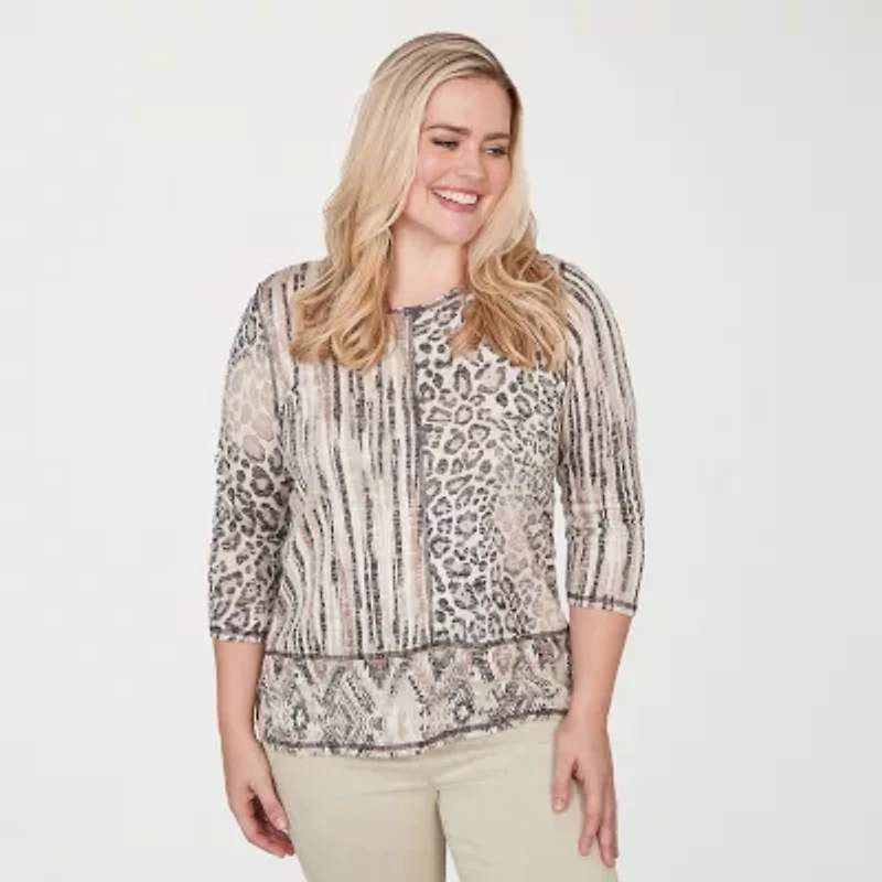 Alfred Dunner Detail Driven Womens Crew Neck 3/4 Sleeve T-Shirt