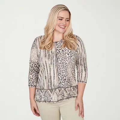 Alfred Dunner Detail Driven Womens Crew Neck 3/4 Sleeve T-Shirt