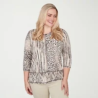 Alfred Dunner Detail Driven Womens Crew Neck 3/4 Sleeve T-Shirt