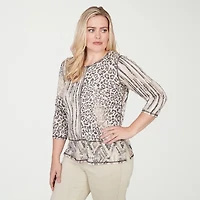 Alfred Dunner Detail Driven Womens Crew Neck 3/4 Sleeve T-Shirt