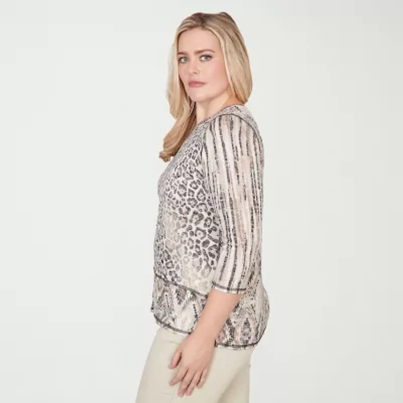 Alfred Dunner Detail Driven Womens Crew Neck 3/4 Sleeve T-Shirt