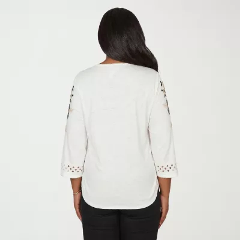Alfred Dunner Detail Driven Womens Crew Neck 3/4 Sleeve T-Shirt