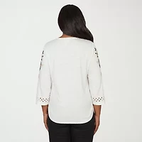 Alfred Dunner Detail Driven Womens Crew Neck 3/4 Sleeve T-Shirt