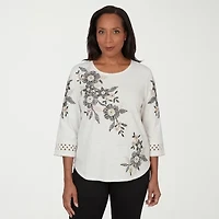 Alfred Dunner Detail Driven Womens Crew Neck 3/4 Sleeve T-Shirt