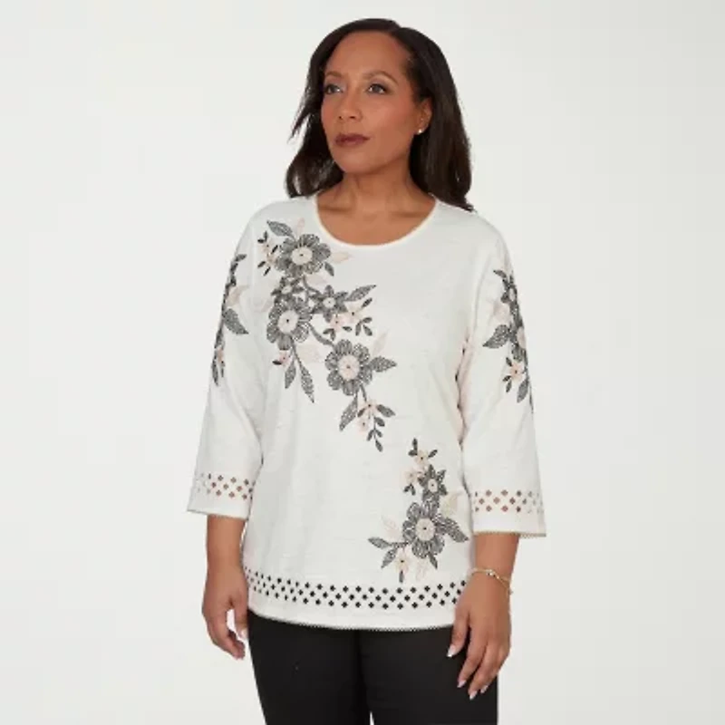 Alfred Dunner Detail Driven Womens Crew Neck 3/4 Sleeve T-Shirt