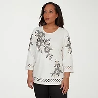 Alfred Dunner Detail Driven Womens Crew Neck 3/4 Sleeve T-Shirt