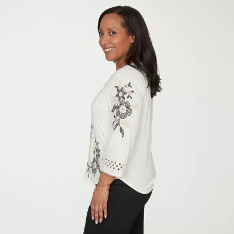 Alfred Dunner Detail Driven Womens Crew Neck 3/4 Sleeve T-Shirt