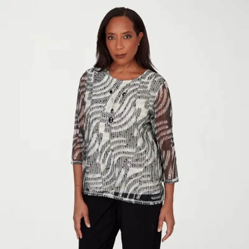 Alfred Dunner Detail Driven Womens Crew Neck 3/4 Sleeve T-Shirt