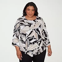 Alfred Dunner Detail Driven Womens Plus Crew Neck 3/4 Sleeve T-Shirt