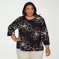 Alfred Dunner Detail Driven Womens Plus Crew Neck 3/4 Sleeve Blouse