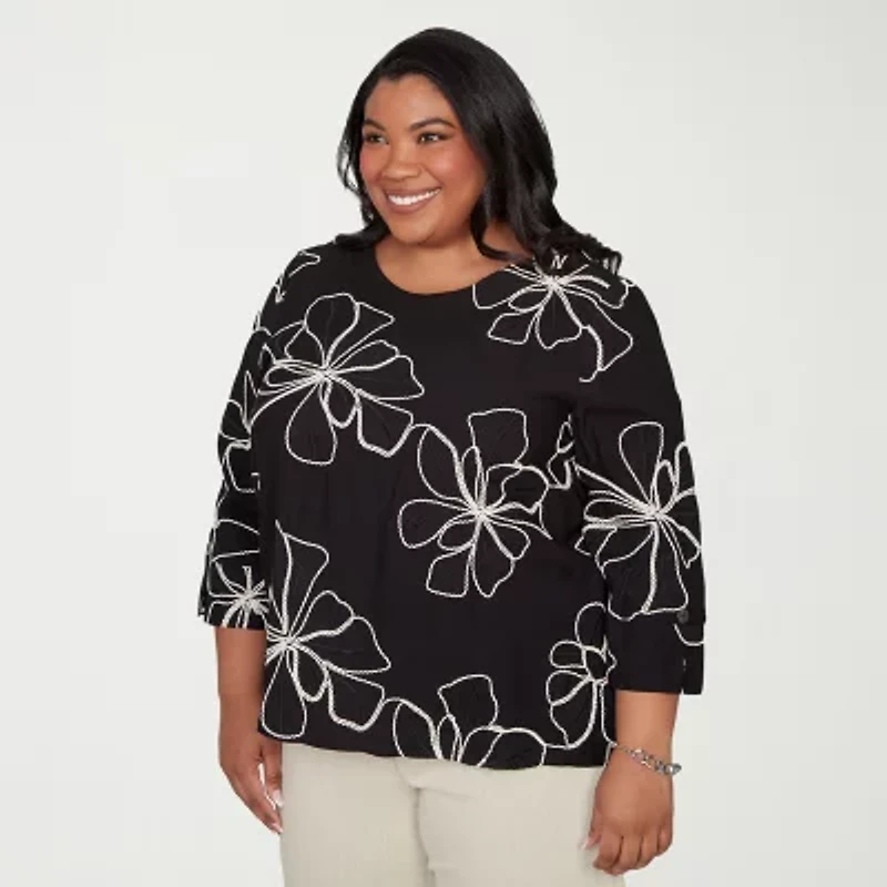 Alfred Dunner Detail Driven Womens Plus Crew Neck 3/4 Sleeve Blouse