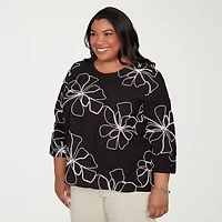 Alfred Dunner Detail Driven Womens Plus Crew Neck 3/4 Sleeve Blouse