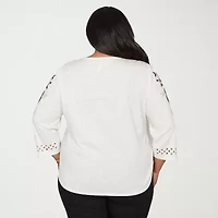 Alfred Dunner Detail Driven Womens Plus Crew Neck 3/4 Sleeve T-Shirt