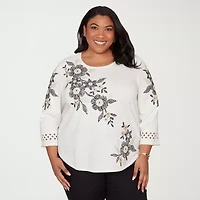 Alfred Dunner Detail Driven Womens Plus Crew Neck 3/4 Sleeve T-Shirt