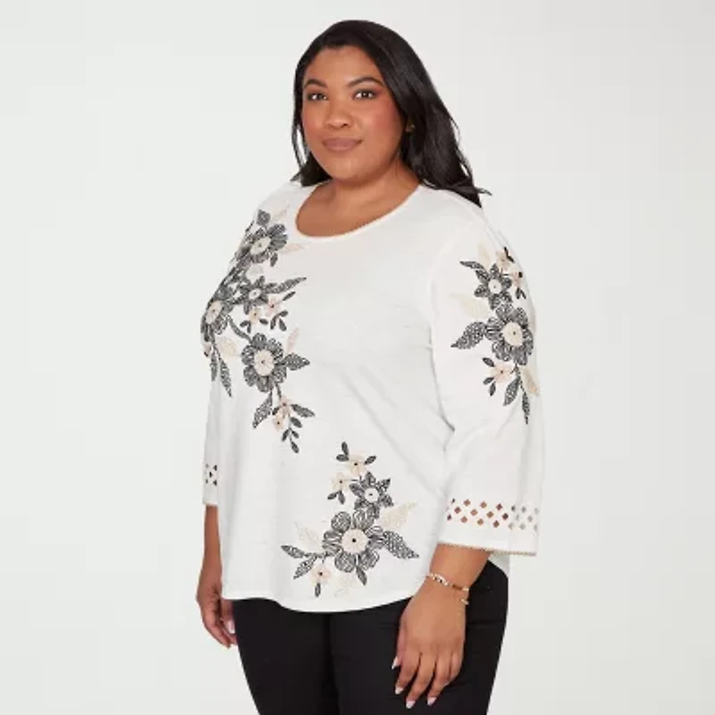 Alfred Dunner Detail Driven Womens Plus Crew Neck 3/4 Sleeve T-Shirt